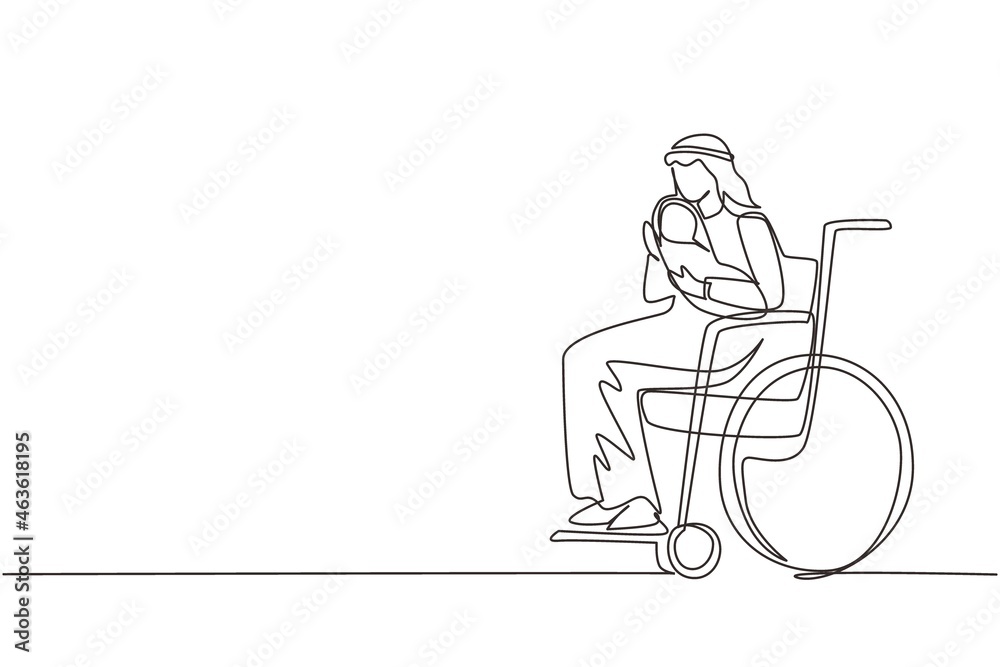 Single continuous line drawing parents with newborn baby. Arabian male hold baby, sitting in wheelchair. Disabled man holding baby in his arms. Family love concept. One line design vector illustration