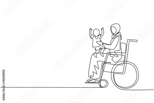 Single one line drawing happy disabled mother with her child. Disability Arabic woman holding baby in her arms. Family love concept. Physical disability and society. Continuous line draw design vector