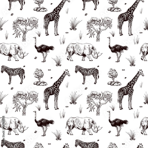 Seamless pattern safari wildlife isolated on white background. African animals giraffe, ostrich, rhinoceros, zebra in engraving style. Textile design monochrome print of savannah.