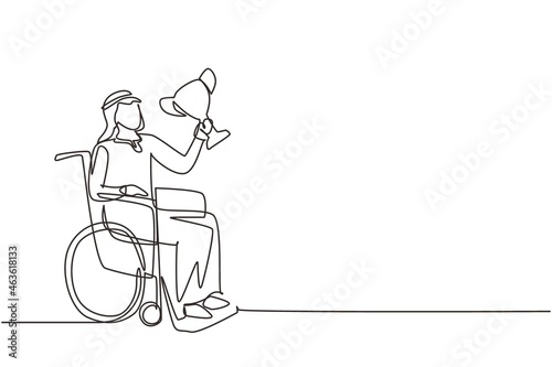 Single one line drawing happy Arabian man in wheelchair hold golden cup trophy winner podium. Disabled person. Tournament game competition, sport training. Continuous line draw design vector