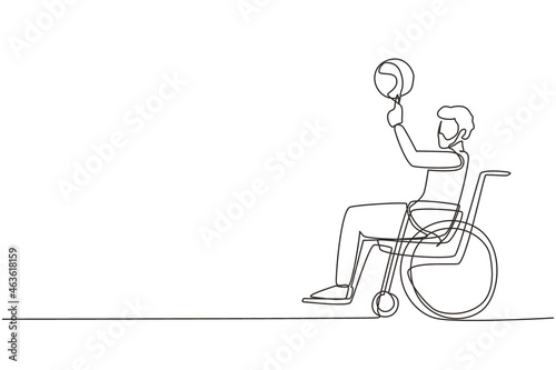 Single continuous line drawing Arab guy in wheelchair plays basketball. Disabled person spins basketball on his finger. Exercise for people with disabilities. One line draw design vector illustration
