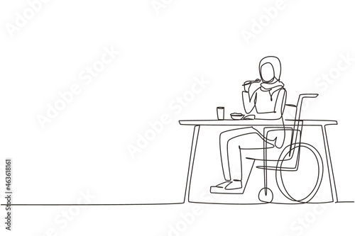 Single continuous line drawing Arabian female young wheelchair user eating food sitting at the table. Having lunch  snack in cafe. Society and disabled people. One line draw design vector illustration