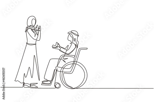 Single continuous line drawing disabled person character. Arab man made proposal to girl, wedding. Happy family. Positive man with special needs in wheelchair. One line draw design vector illustration