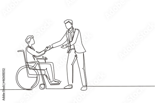 Single one line drawing disability employment, work for disabled people. Disable man sit in wheelchair shaking hand with colleague in office. Continuous line draw design graphic vector illustration