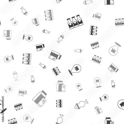 Set Bottle with milk, Milkshake, Udder and Paper package for kefir on seamless pattern. Vector