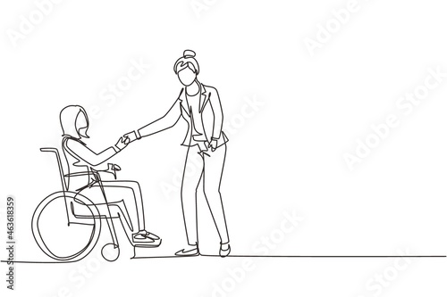 Continuous one line drawing disability employment, work for disabled people. Disable woman sit in wheelchair shaking hand with colleague in office. Single line draw design vector graphic illustration photo