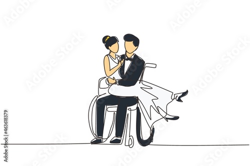 Single continuous line drawing disabled man carrying woman in wheelchair. Happy couple at wedding celebration. Happy family. Positive man with special needs in wheelchair. One line draw design vector