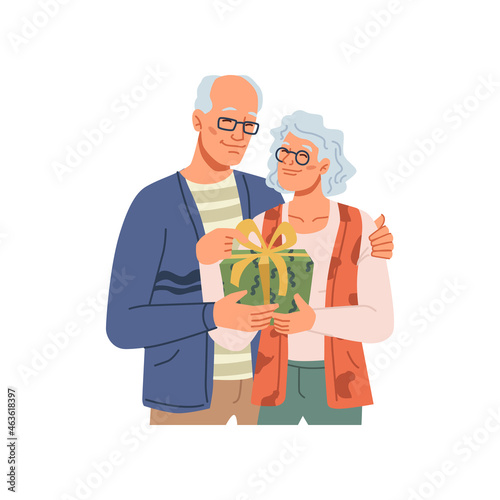 Senior husband giving present to wife on anniversary or birthday party. Elderly man and woman, gift on Christmas or Valentine day, flat cartoon characters and romantic package with ribbon surprise