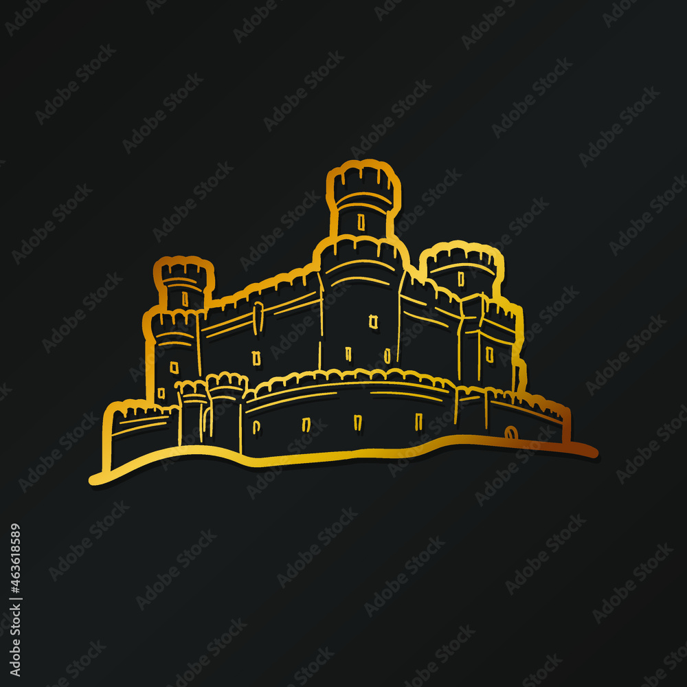 Gold Castle Doodle Illustration. Medieval History Fortress Building. Vector Hand Drawn Graphic.