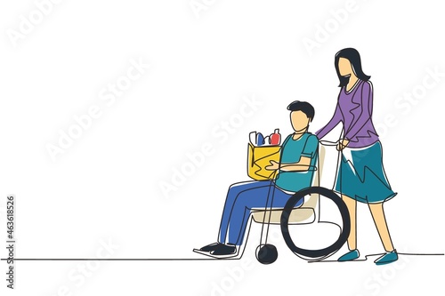 Single one line drawing social worker helping old man on wheelchair with grocery shopping. Female volunteer caring and walking with disabled senior male to store. Continuous line draw design vector