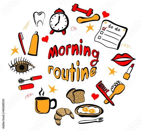 Daily morning routine set. Simple vector illustration in doodle style.