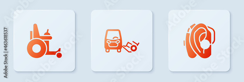 Set Disabled car, Electric wheelchair and Hearing aid. White square button. Vector