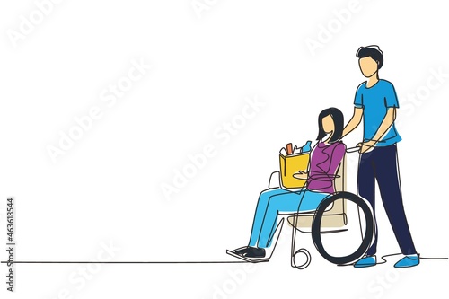Single one line drawing young man supporting and caring disabled old woman on wheelchair. Volunteer helping with shopping, taking care of senior woman. Continuous line draw design vector illustration