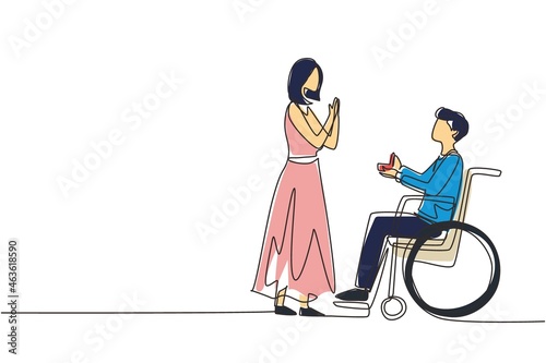 Single continuous line drawing disabled person character. Man made proposal to girl, wedding. Happy family. Positive man with special needs in wheelchair. One line draw design vector illustration