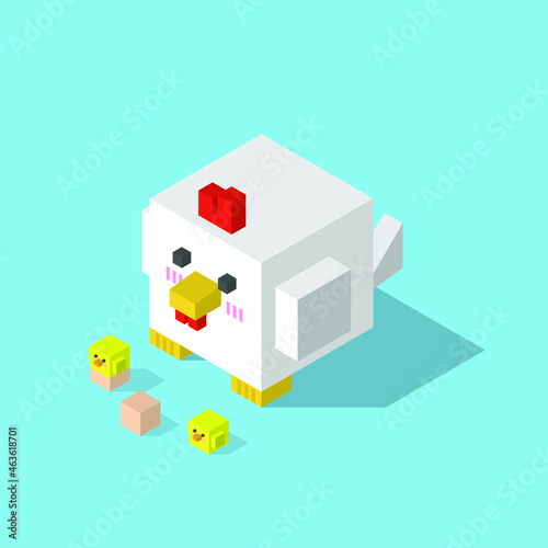 white hen cubic isometric on blue background