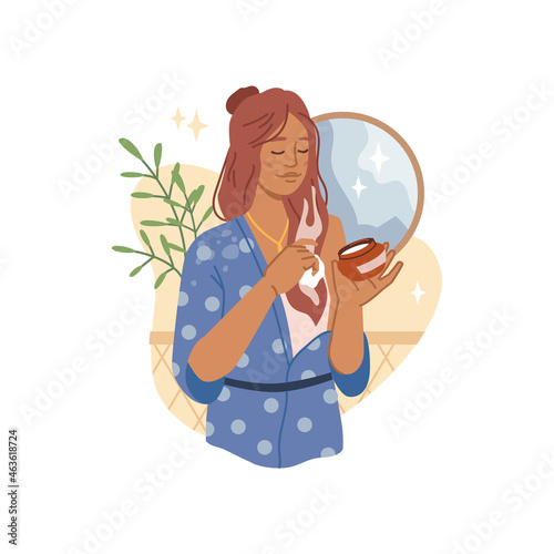 Woman applies haircare product, mask or essential oil, moisturizer cream. Vector open package with hair treatment conditioner or gel. Girl at home in gown, mirror on background