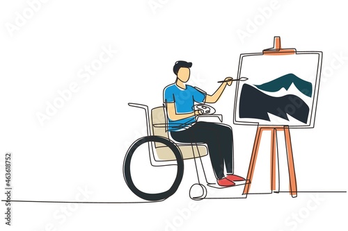 Single continuous line drawing disabled man in wheelchair painting landscape on canvas. Rehabilitation physiotherapy concept. Physical disability and society. One line draw design vector illustration