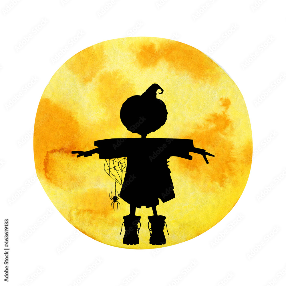 Black silhouette of a wgarden scarecrow on a background of a yellow moon. Hand drawn watercolor illustration isolated on white background. Halloween design, horror scenes, icon