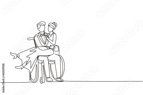 Single continuous line drawing disabled man carrying woman in wheelchair. Happy couple at wedding celebration. Happy family. Positive man with special needs in wheelchair. One line draw design vector