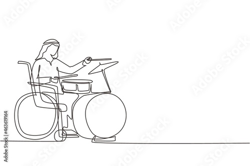Continuous one line drawing disabled Arabian man in wheelchair playing drum. Physically disabled. Person in hospital. Rehabilitation center patient. Single line draw design vector graphic illustration