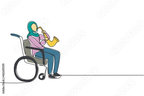Single one line drawing Arab woman sitting in wheelchair plays saxophone. Disability, classical music. Physically disabled. Person in hospital. Continuous line draw design graphic vector illustration