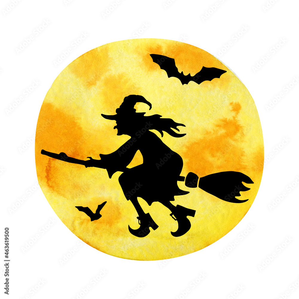 Black silhouette of a witch on a broom on a background of a yellow moon. Hand drawn watercolor illustration isolated on white background. Halloween design, horror scenes, icon