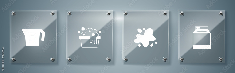 Set Washer, Water spill, Basin with soap suds and Measuring cup. Square glass panels. Vector Set Washer, Water spill, Basin with soap suds and Measuring cup. Square glass panels. Vector