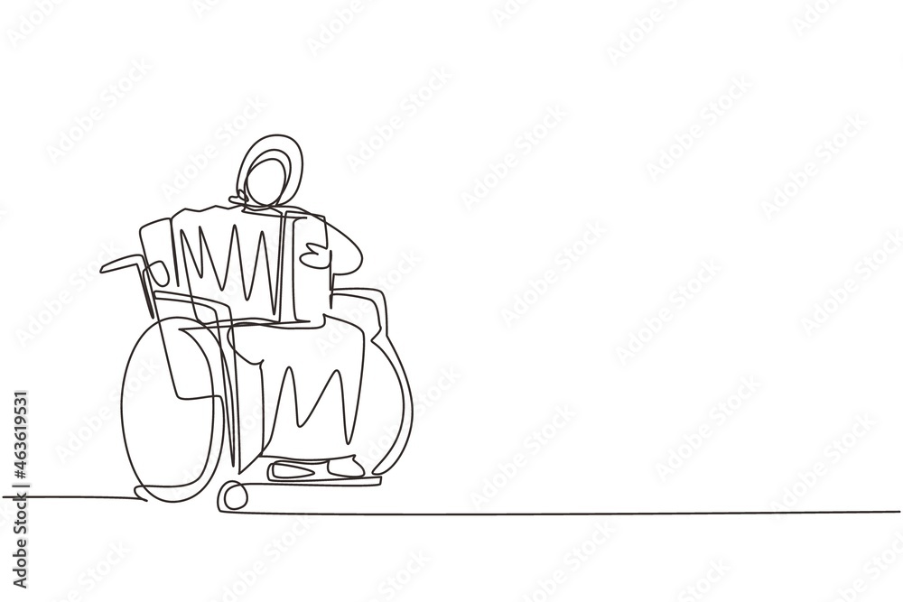 Single continuous line drawing disabled Arabian woman in wheelchair playing accordion music. Physically disabled. Person in hospital. Rehabilitation center patient. One line draw graphic design vector Single continuous line drawing disabled Arabian woman in wheelchair playing accordion music. Physically disabled. Person in hospital. Rehabilitation center patient. One line draw graphic design vector