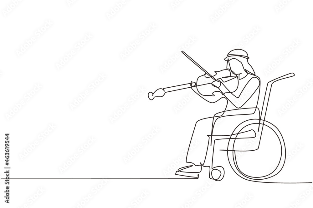 Continuous one line drawing disability and music. Arabian man in