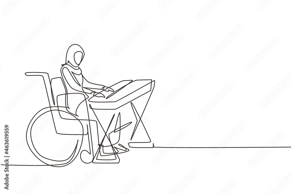 Single one line drawing Arabian female sit wheelchair playing electric keyboard, sing song. Physically disabled. Rehabilitation center patient. Continuous line draw design graphic vector illustration