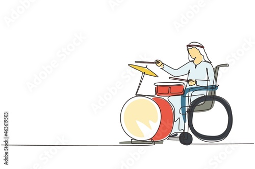 Continuous one line drawing disabled Arabian man in wheelchair playing drum. Physically disabled. Person in hospital. Rehabilitation center patient. Single line draw design vector graphic illustration