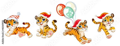 Little funny tigers Christmas set vector illustration