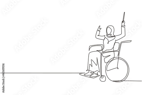 Continuous one line drawing young Arabian woman conductor sitting in wheelchair leading orchestra. Disability, classical music. Physically disabled. Single line draw design vector graphic illustration