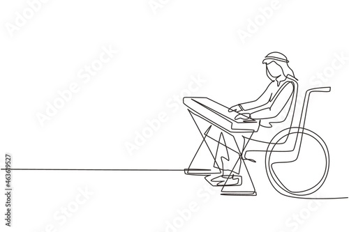 Single continuous line drawing Arab male keyboardist sit wheelchair playing electric keyboard, sing song. Physically disabled. Rehabilitation center. One line draw graphic design vector illustration