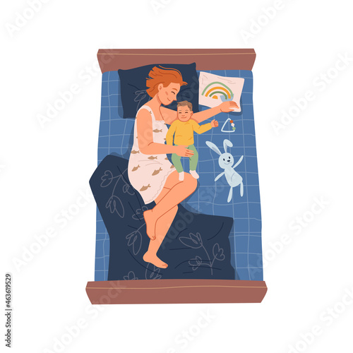 Young woman sleeping in bed with her baby son, rest at night or daytime at home, bedtime and relaxation, flat cartoon characters. Vector cosy bedding, tired mother fall asleep with toddler