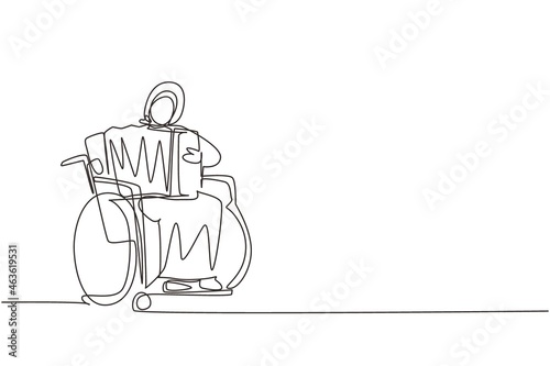 Single continuous line drawing disabled Arabian woman in wheelchair playing accordion music. Physically disabled. Person in hospital. Rehabilitation center patient. One line draw graphic design vector