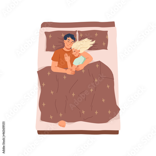 Young couple sleeping in bed at home, happy lovers spend night together, bedtime and relaxation at night. Vector just married man and woman fall asleep on comfortable bedding in bedroom