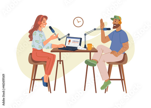 Podcast concept, woman host interviewing guests on radio station. Podcast in studio flat vector illustration. Podcasting, broadcasting, broadcast, male and female streaming online in microphones