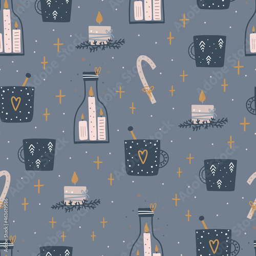 Christmas and Happy New Year seamless pattern with Christmas candle, fir branches and berries. Vector design template.