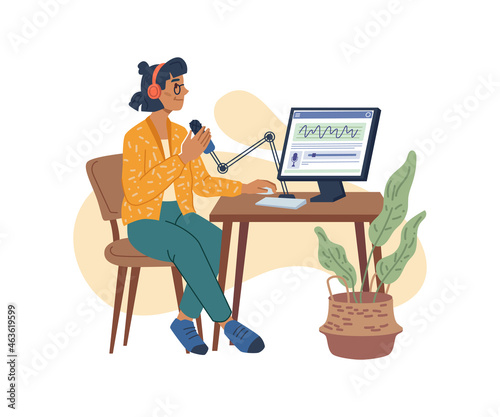 Podcast or content creation, blogger making video or streaming. Vector woman recording podcast for network followers and subscribers. Female character sit at table with computer, cartoon influencer
