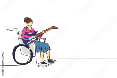 Continuous one line drawing young beautiful female sit wheelchair playing electric guitar, sing song. Physically disabled. Person in hospital room ward. Single line draw design vector illustration