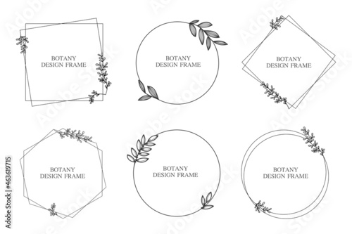 Set geometric flower wreath with leaves and branches. Botany round frame isolated on white background. For wedding invitations, postcards, posters, labels of cosmetics and perfumes. 