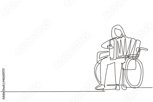 Single one line drawing disabled beautiful woman in wheelchair playing accordion music. Physically disabled. Person in hospital. Rehabilitation center patient. Continuous line draw design vector