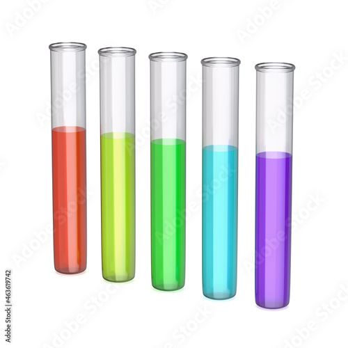 Colored liquids in test tubes on white background