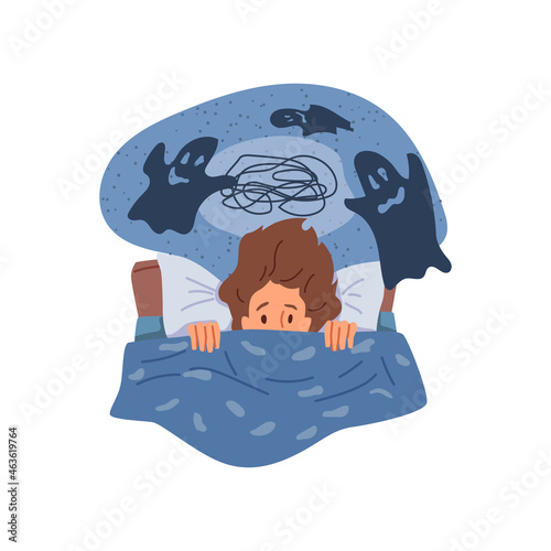 Female personage having insomnia because of bad dreams and nightmares. Thoughts in head, girl pulling blanket and afraid. Frightened and sleepless lady. Cartoon character in flat style vector
