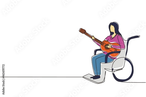 Single continuous line drawing woman sit wheelchair with acoustic guitar play music, sing song. Physically disabled, broken leg. Rehabilitation center patient. One line design vector illustration