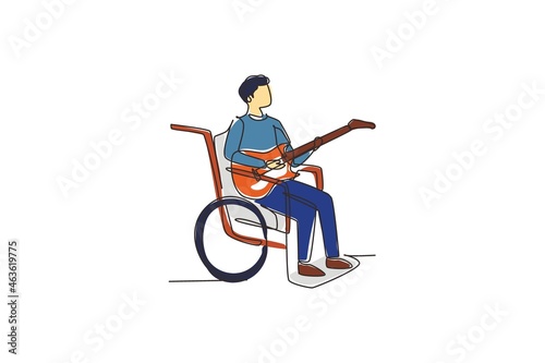 Continuous one line drawing male sit wheelchair playing electric guitar, sing song. Physically disabled. Guitarist person in hospital room ward. Single line draw design vector graphic illustration