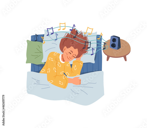 Listening to calm music helping to fall asleep, sleep problem solution. Female personage in bad with device on bedside table playing melodies and sounds. Cartoon character in flat style vector