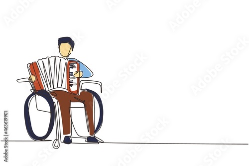 Single continuous line drawing disabled handsome man in wheelchair playing accordion music. Physically disabled. Person in hospital. Rehabilitation center patient. One line draw design vector