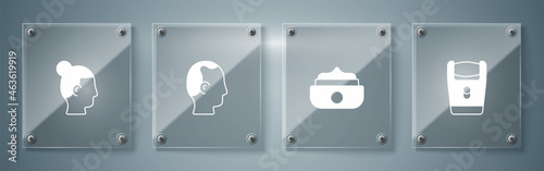Set Electric razor blade, Gel wax for hair styling, Baldness and Hairstyle men. Square glass panels. Vector